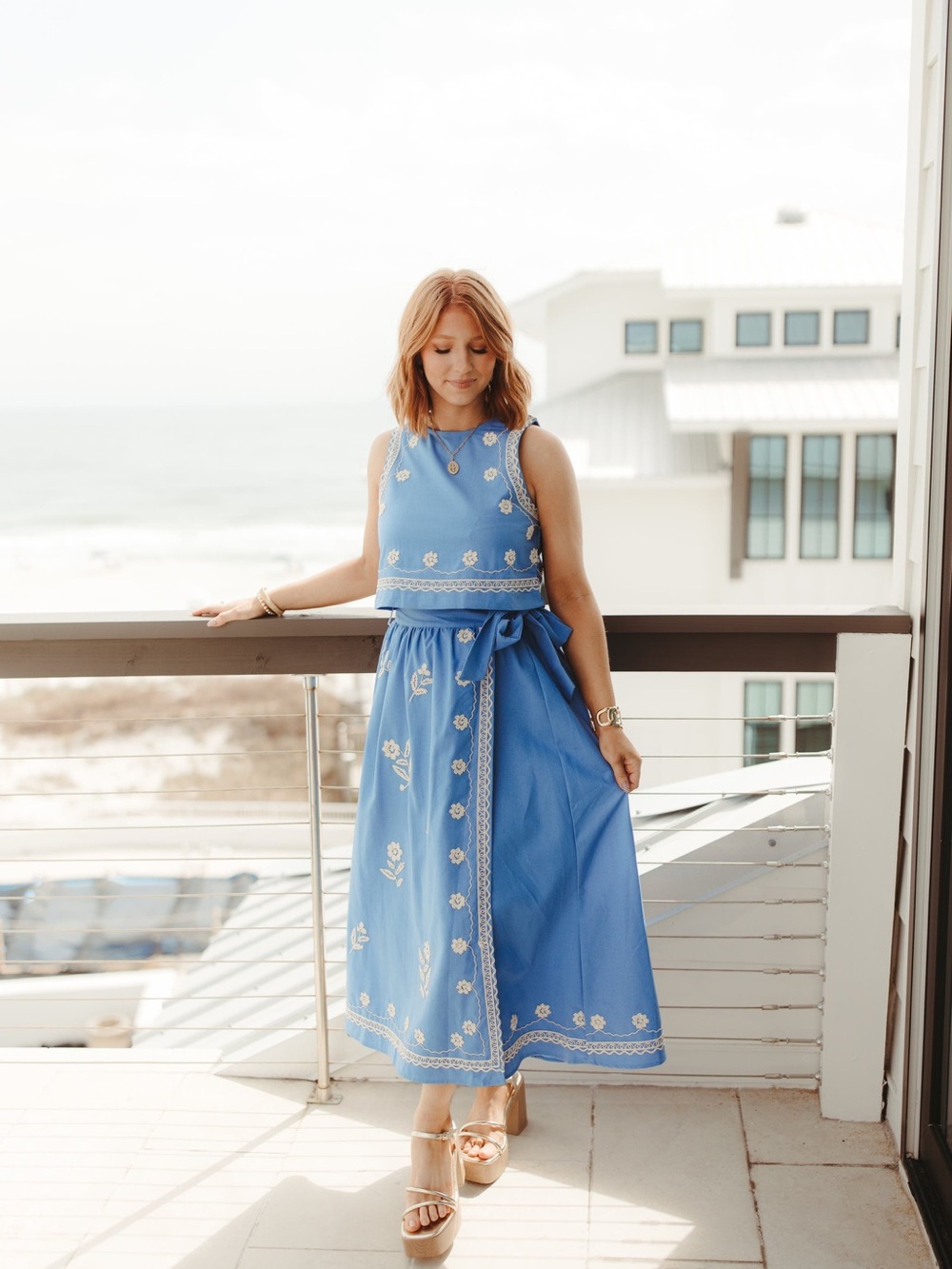Linen Blend Blue Embroidered Wrap Skirt